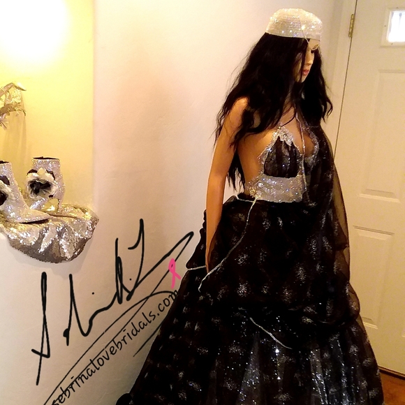 SAMPLE GOWN SET ONLY - "TWILA" Black/Silver Lehenga Saree Wedding Gown Set - Picture 5 of 8